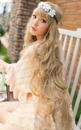 H035 Womens Fashion Princess Light Golden Long Wave Curly Cosplay Wig